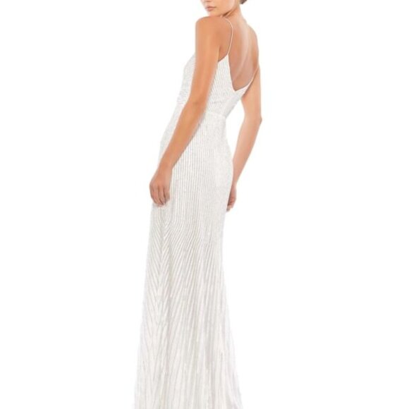 NWT $498 MAC DUGGAL SEQUIN SPAGHETTI STRAP DRESS WHITE SILVER 10817 PEARL 12 - Picture 2 of 8
